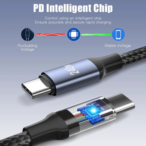 Close-up of PD intelligent chip in 240W USB C To USB C Coiled Braided Car Charger Cable for stable rapid charging