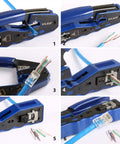 RJ45 Crimping Tool Set For Cat5e Cat6 Cat6A Cat7 Ethernet Pass Through Connectors with blue handles in action