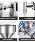 Top Notch Dead Simple Semi Automatic Paste Filling Machine With 30 Liter Hopper, stainless steel cylinder components close-up.