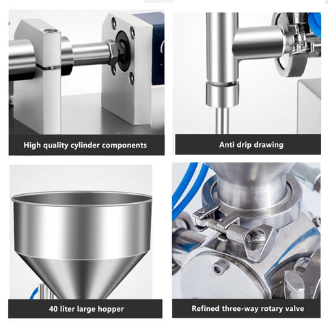Top Notch Dead Simple Semi Automatic Paste Filling Machine With 30 Liter Hopper, stainless steel cylinder components close-up.