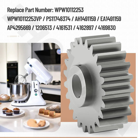 Upgraded Mixer Worm Gear Replacement Kit For Popular Stand Mixers With Durable Heavy Duty All Metal Construction No Plastic Gear WPW10112253 Compatible Includes Replacement Part Numbers 1 Pack Easy Install in kitchen setting next to stand mixer.