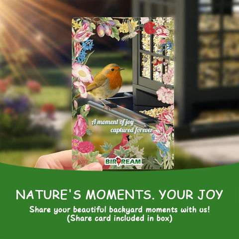 Hand holding a card with a bird image, titled 'A moment of joy captured forever,' with colorful floral borders.