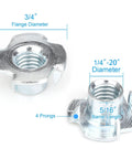 100 Piece 1/4 Inch 20 Thread T Nuts Zinc Plated Steel With 5/16 Inch Barrel Length showing flange diameter and prongs.