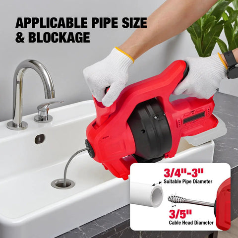 User demonstrating the Heavy Duty Cordless Electric Drain Auger Zero Cord Drama Slick Clog Buster at a kitchen sink.