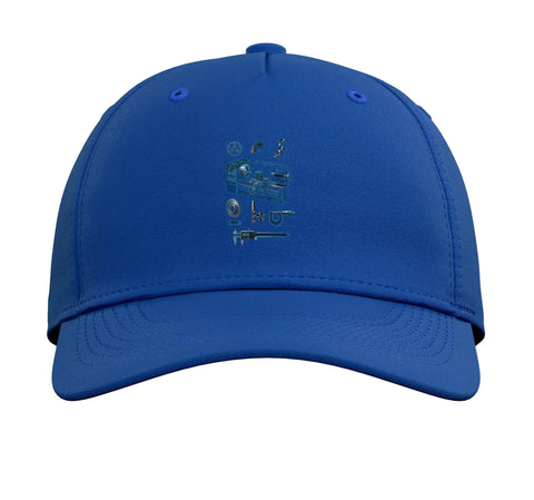 Chill Out With This Dope Royal Blue Baseball Hat Perfect For Machinists And CNC Pros Featuring Adjustable Fit And Cool Vise Gauge Square Print Design You Gonna Love The Style, front view showing print.