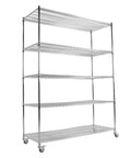 Heavy Duty Five Tier Rolling Wire Shelving Rack Built Tough For Garage Use with smooth gliding casters on a white background.