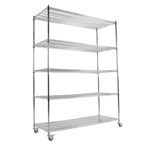 Heavy Duty Five Tier Rolling Wire Shelving Rack Built Tough For Garage Use with smooth gliding casters on a white background.