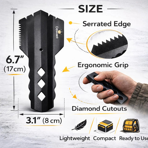 Image of a 6.7-inch serrated edge ultralight backpacking trowel shovel for camping and hiking, ergonomic grip, compact and lightweight.