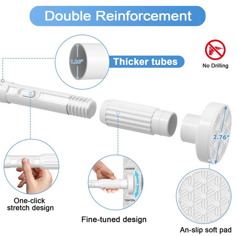 Detailed view of Adjustable Outdoor Tension Curtain Rod 41 To 144 Inch No Drilling No Tools Needed 1.26 Inch Diameter showing features.