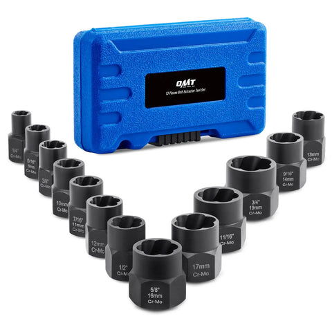 Impact Nut And Bolt Extraction Tool Set For Rusted And Stripped Fasteners, 13 SAE And Metric Sizes with Blue Case Displayed