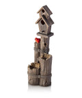 3 Tier Outdoor Birdhouse Water Fountain With Cardinal Accent, Rustic Brown Garden And Patio Decor, 35 Inch Tall
