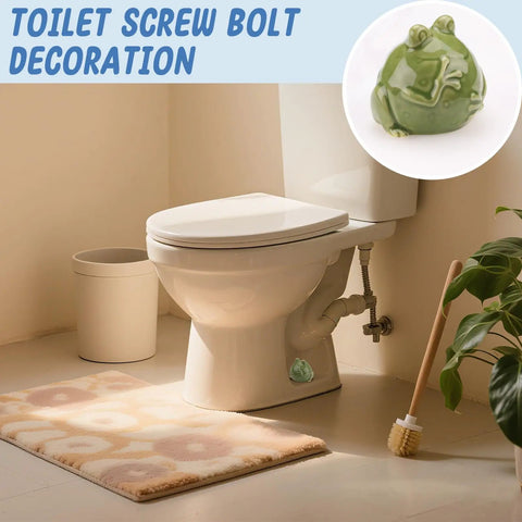 Dang Cute Frog Themed Ceramic Toilet Bowl Bolt Covers Two Piece Kit on a toilet, enhancing bathroom decor and shielding bolts.