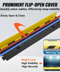 5 Pack Dual Channel Rubber Cable Protector Ramp Beefy For Indoor Outdoor Use Heavy Duty Hose And Wire Cover 12000 Lbs Per Axle Capacity Flip Open Top Driveway Traffic Speed Bump Includes 50 Ft Warning Tape with flip-open cover and warning tape details shown.