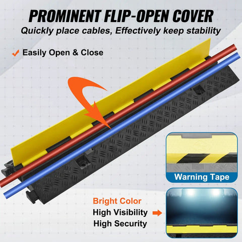 5 Pack Dual Channel Rubber Cable Protector Ramp Beefy For Indoor Outdoor Use Heavy Duty Hose And Wire Cover 12000 Lbs Per Axle Capacity Flip Open Top Driveway Traffic Speed Bump Includes 50 Ft Warning Tape with flip-open cover and warning tape details shown.