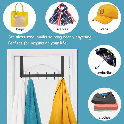 Over The Door Hook Rack With 12 Heavy Duty Hangers, matte black, holding towels on a door in a bathroom setting.