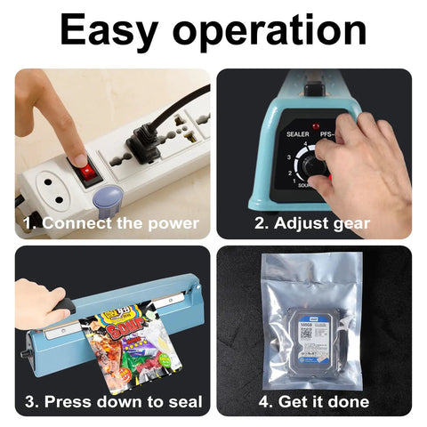 Steps for using Heavy Duty Manual Impulse Heat Sealer Eight Inch Sealing Bar For PE PP Plastic Bags, connecting, adjusting, sealing.
