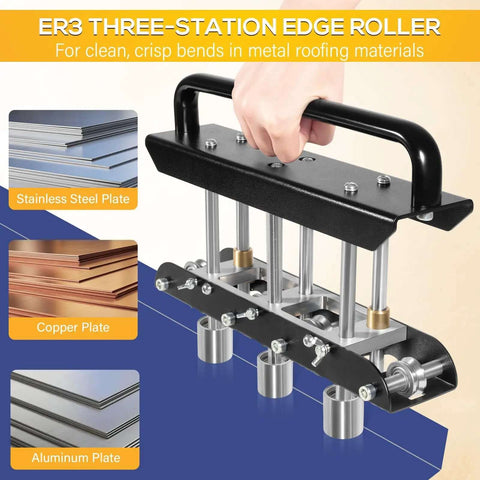 Three Station Edge Roller Bead Bender for Sheet Metal with adjustable rollers for 0 to 90-degree bends in various metals.