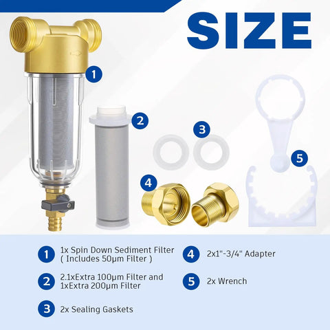 3/4 Inch Spin Down Sediment Filter With 50 100 And 200 Reusable Mesh Cores And Two Adapters parts layout including filters and adapters