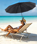 Hassle Free 360 Rotate Beach Chair Umbrella With Upf 50 Plus Sun Shield For Deck Or Golf Cart Take It Easy With Deep Cool Shade Using This Clip On Foldable Canopy Cover Sky Blue beside a woman relaxing in a beach chair.