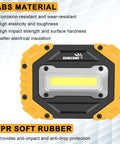 LED Work Light With Rechargeable Battery And Magnetic Stand On The Go Waterproof Portable Flood Light for Job Sites Camping Fishing Hiking and Car Inspections Emergency Mode Two Pack, showing front view with ABS material and TPR soft rubber
