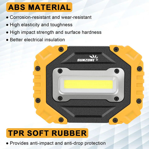 LED Work Light With Rechargeable Battery And Magnetic Stand On The Go Waterproof Portable Flood Light for Job Sites Camping Fishing Hiking and Car Inspections Emergency Mode Two Pack, showing front view with ABS material and TPR soft rubber