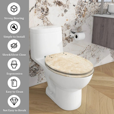 Toilet Seat Elongated for Bathroom Use, cream-colored stone finish, fits standard toilets, easy to clean design.