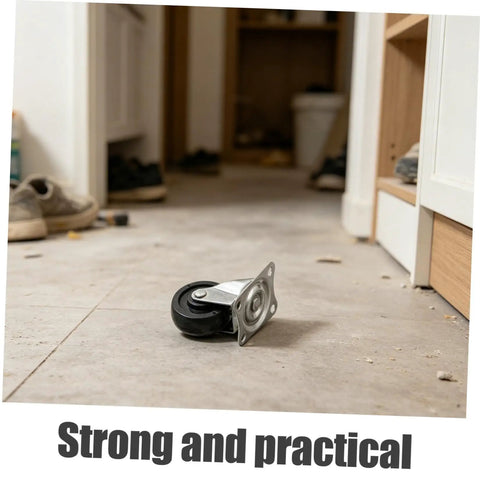 Four Pack Two Inch Rubber Swivel Caster Wheels Dead Silent Low Profile Design With Top Notch Nonslip Traction That Rolls Like A Dream For Office Carts And Workbenches Heavy Duty Replacement Rollers on a tiled floor.