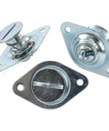 Top Shelf Quarter Turn Fastener With Three Eighth Inch Shank And Three Quarter Inch Zinc Plated Head Slotted Drive Self Ejecting Kickout Style Built Tough For Street Stages And Night Cruises - three fasteners visible, zinc plated, slotted drive.