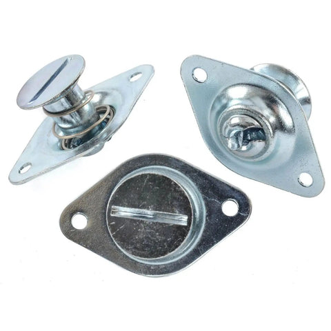 Top Shelf Quarter Turn Fastener With Three Eighth Inch Shank And Three Quarter Inch Zinc Plated Head Slotted Drive Self Ejecting Kickout Style Built Tough For Street Stages And Night Cruises - three fasteners visible, zinc plated, slotted drive.