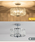 Sleek Modern Crystal Semi Flush Mount Chandelier With 12.6 Inch Round Drum Shade, 3 Light E12 Ceiling Fixture In Chrome Finish