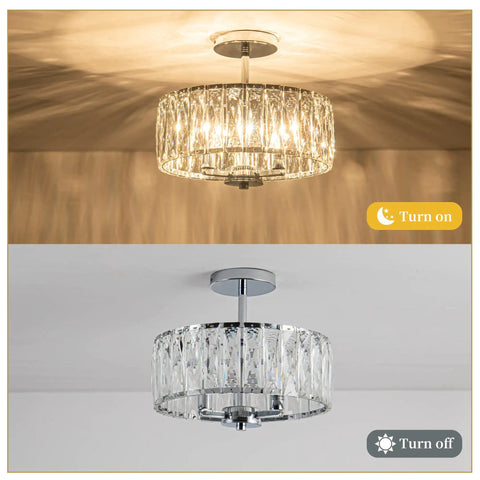Sleek Modern Crystal Semi Flush Mount Chandelier With 12.6 Inch Round Drum Shade, 3 Light E12 Ceiling Fixture In Chrome Finish