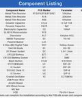 Component list for 4-Digit DIY Digital Clock Kit With Acrylic Shell, showing resistors, capacitors, and other parts.