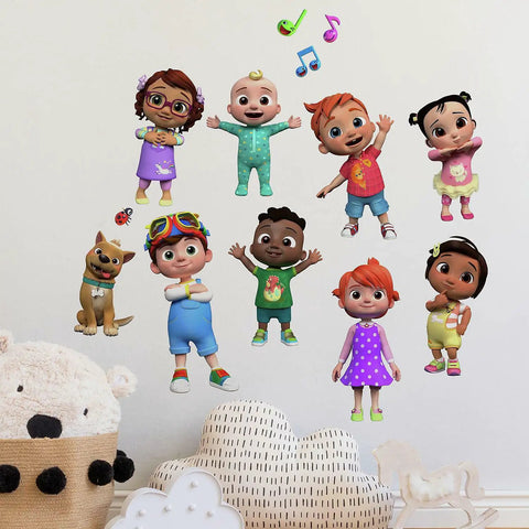 Cocomelon Peel And Stick Wall Decals Set 48 Multicolor Stickers Kid Friendly And Fun featuring cartoon characters on a wall