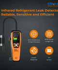 Infrared Refrigerant Leak Detector For HVAC And Automotive Use, Pro Grade Sniffer With Fast Freon Detection, Anti Interference Sensor, High Sensitivity Low Med High, Long Life Infrared Sensor ILD200, orange handheld tool with probe and TFT screen