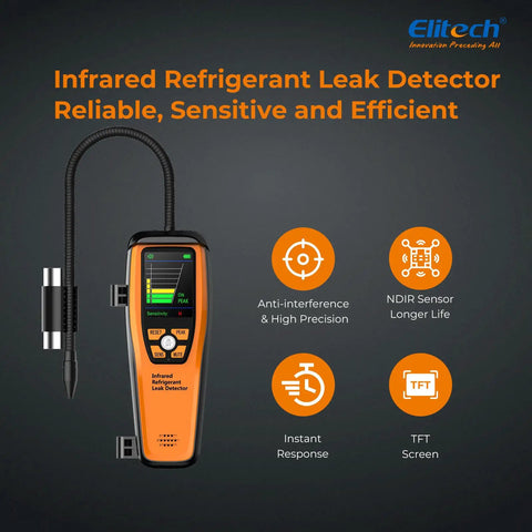 Infrared Refrigerant Leak Detector For HVAC And Automotive Use, Pro Grade Sniffer With Fast Freon Detection, Anti Interference Sensor, High Sensitivity Low Med High, Long Life Infrared Sensor ILD200, orange handheld tool with probe and TFT screen