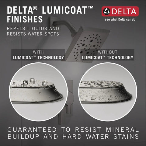 Five Settings Brushed Nickel Shower Head With H2Okinetic Spray and Lumicoat Stainless Finish comparison vs. without Lumicoat