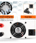 Back of Beefy High Power Adjustable DC Power Supply showing smart cooling fan, fuse box, and sockets.