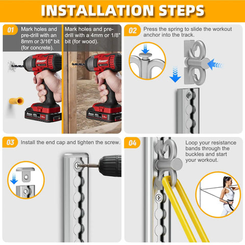 Installation steps for Built Different Adjustable Aluminum Resistance Band Wall Anchor with 40 Inch Sliding Track.