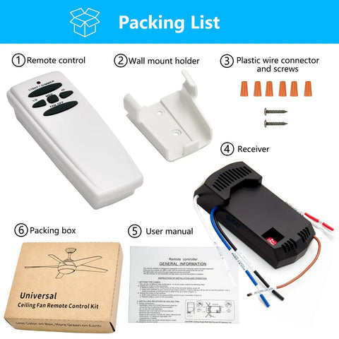 Packing list of Ceiling Fan Remote Control Kit With Receiver And 3 Speed Light Dimmer For Most 110V Ceiling Fans Compatible With Hampton Bay Hunter Harbor Breeze Home Decorators Collection Easy Install Replacement For FAN28R UC7078T FAN HD HD5 Kit.
