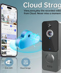 Wireless Battery Powered Doorbell Camera With Chime And Night Vision 1080P HD next to smartphone displaying cloud storage feature.