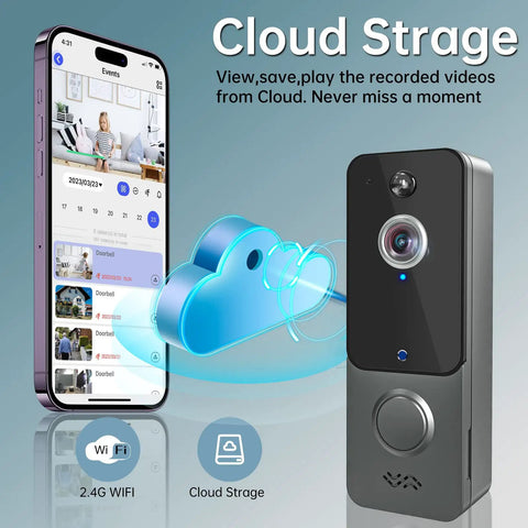 Wireless Battery Powered Doorbell Camera With Chime And Night Vision 1080P HD next to smartphone displaying cloud storage feature.