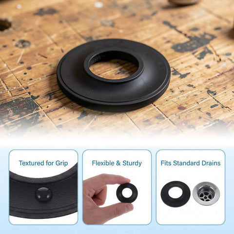 Rubber Bathtub Drain Gasket Washer 10pcs for Pop up Tub Stopper on a work surface, showcasing its textured grip and sturdy design.