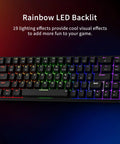 Compact 60 Percent Wired Mechanical Gaming Keyboard With 68 Keys And Separate Arrow Layout Thick Tactile Switches Deliver Straight Fire Typing Vibes Tight Black Chassis, illuminated with rainbow LED backlight.