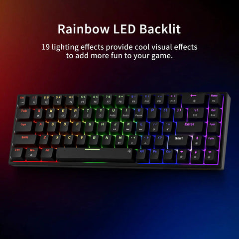 Compact 60 Percent Wired Mechanical Gaming Keyboard With 68 Keys And Separate Arrow Layout Thick Tactile Switches Deliver Straight Fire Typing Vibes Tight Black Chassis, illuminated with rainbow LED backlight.