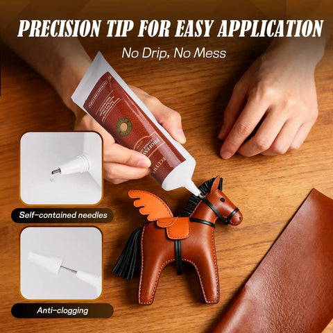Precision tip application of Industrial Strength Leather Glue Adhesive Two 4.23 Oz Bottles Clear Flexible Bond shown on leather toy