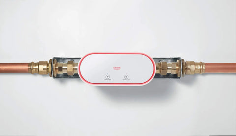 Sense Guard Wall Mounting Set For Water Leak Detection And Auto Shutoff shown on 1-inch pipes, monitoring humidity and temperature.