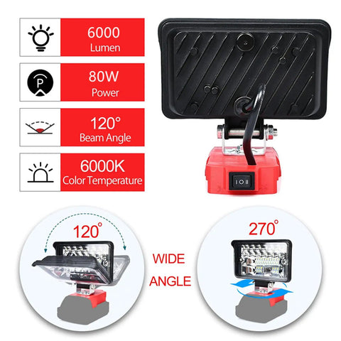 Cordless LED Work Light For Milwaukee M18 Batteries, 80W 6000LM Portable Job Site Light For Camping And Garage And Shop