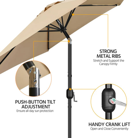9Ft Outdoor Patio Umbrella With Heavy Duty Base Included Push Button Tilt And Crank UV Protected Waterproof Canopy in Tan