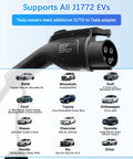 Level One And Level Two EV Charger With 25 Foot Cable, supports J1772 compatible electric vehicles, shown with various car models