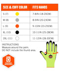 Size chart for ProFlex 7041 Lime Cut Resistant Gloves With Nitrile Coated Palms, showing hand measurement instructions and machine washable icon.